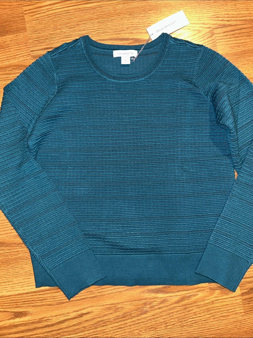 Liz Claiborne Teal Textured Ribbed Crewneck Sweater